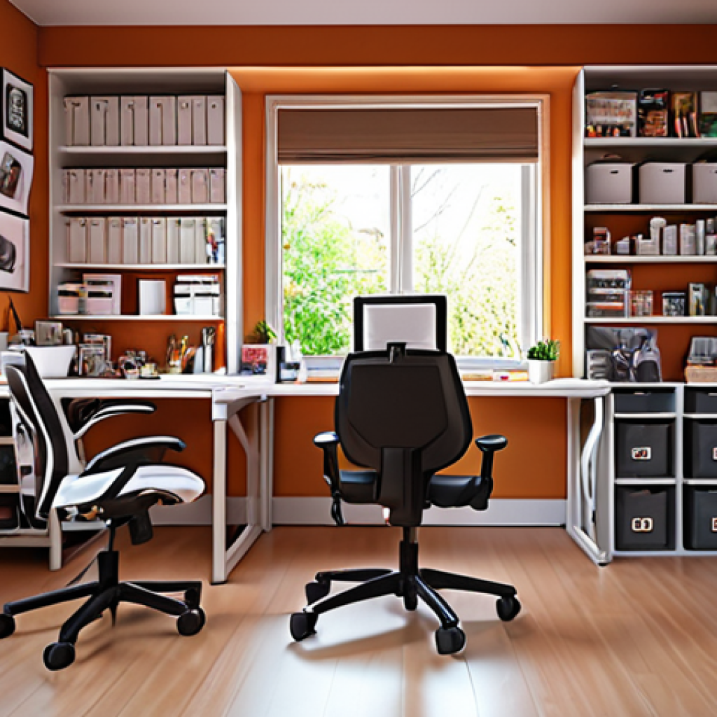 A bright and organized webtoon artist studio with natural light, adjustable table and chair, storage shelves, a Wacom tablet, and a high-performance computer.