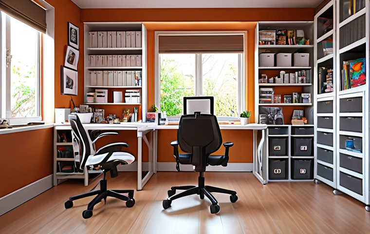A bright and organized webtoon artist studio with natural light, adjustable table and chair, storage shelves, a Wacom tablet, and a high-performance computer.