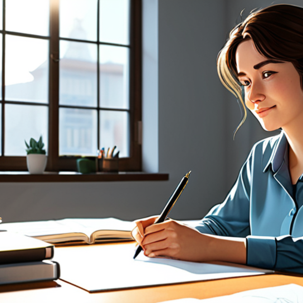 A professional female webtoon artist in her mid-30s, fully clothed in modest, professional artist's attire, including a well-fitting, collared shirt and practical trousers. She is seated comfortably at a clean, well-lit minimalist art studio desk, looking thoughtfully at a character sketch on a large digital drawing tablet. A slight, empathetic smile touches her lips, as if deeply connected to the character's emotions. One hand gently rests near the screen, the other holds a stylus. The studio features large windows with soft sunlight streaming in, illuminating sketchbooks and reference books. The scene captures a moment of creative reflection and emotional depth. Perfect anatomy, correct proportions, natural pose, well-formed hands, proper finger count, natural body proportions. Professional studio photography, high resolution, cinematic lighting, intricate details, vibrant colors, safe for work, appropriate content, modest, family-friendly.