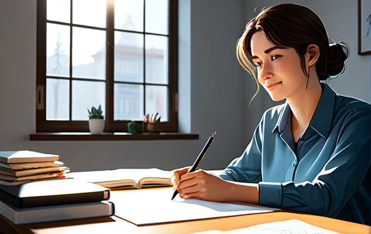 A professional female webtoon artist in her mid-30s, fully clothed in modest, professional artist's attire, including a well-fitting, collared shirt and practical trousers. She is seated comfortably at a clean, well-lit minimalist art studio desk, looking thoughtfully at a character sketch on a large digital drawing tablet. A slight, empathetic smile touches her lips, as if deeply connected to the character's emotions. One hand gently rests near the screen, the other holds a stylus. The studio features large windows with soft sunlight streaming in, illuminating sketchbooks and reference books. The scene captures a moment of creative reflection and emotional depth. Perfect anatomy, correct proportions, natural pose, well-formed hands, proper finger count, natural body proportions. Professional studio photography, high resolution, cinematic lighting, intricate details, vibrant colors, safe for work, appropriate content, modest, family-friendly.