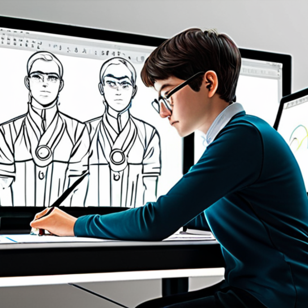 A focused professional webtoon artist, fully clothed in modest, comfortable studio attire, sits at a modern ergonomic desk. They are actively drawing on a large graphic tablet screen, which displays a vibrant webtoon panel in progress with intricate line art and initial colors. A second monitor shows a digital art software interface like Clip Studio Paint or Photoshop. The studio environment is clean and well-organized, with subtle art supplies in the background. The artist has perfect anatomy, correct proportions, and a natural pose, with well-formed hands properly holding the stylus and proper finger count. This image is safe for work, appropriate content, and family-friendly, rendered with professional photography quality.