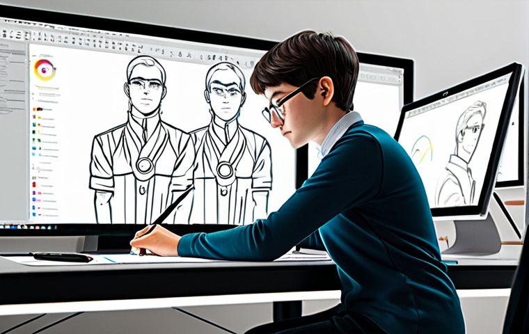 A focused professional webtoon artist, fully clothed in modest, comfortable studio attire, sits at a modern ergonomic desk. They are actively drawing on a large graphic tablet screen, which displays a vibrant webtoon panel in progress with intricate line art and initial colors. A second monitor shows a digital art software interface like Clip Studio Paint or Photoshop. The studio environment is clean and well-organized, with subtle art supplies in the background. The artist has perfect anatomy, correct proportions, and a natural pose, with well-formed hands properly holding the stylus and proper finger count. This image is safe for work, appropriate content, and family-friendly, rendered with professional photography quality.