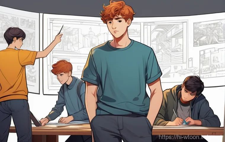 웹툰작가 커리어 패스 - **Webtoon Artist in a Cozy Studio:** A young adult webtoon artist, with a determined yet joyful expr...
