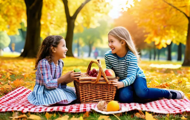 웹툰작가의 크리에이티브 발상법 - **Joyful Autumn Family Picnic**
    A happy, diverse family of four (two parents, a boy aged 7, and ...