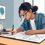 웹툰작가로서의 자립 생활 팁 - A dynamic, vibrant illustration of a young webtoon artist, gender-neutral, with a focused expression...