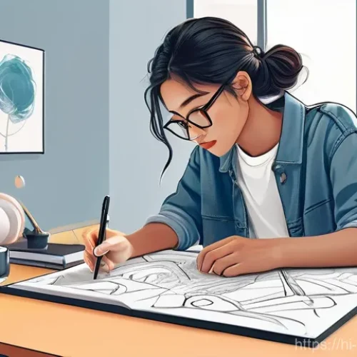 웹툰작가로서의 자립 생활 팁 - A dynamic, vibrant illustration of a young webtoon artist, gender-neutral, with a focused expression...