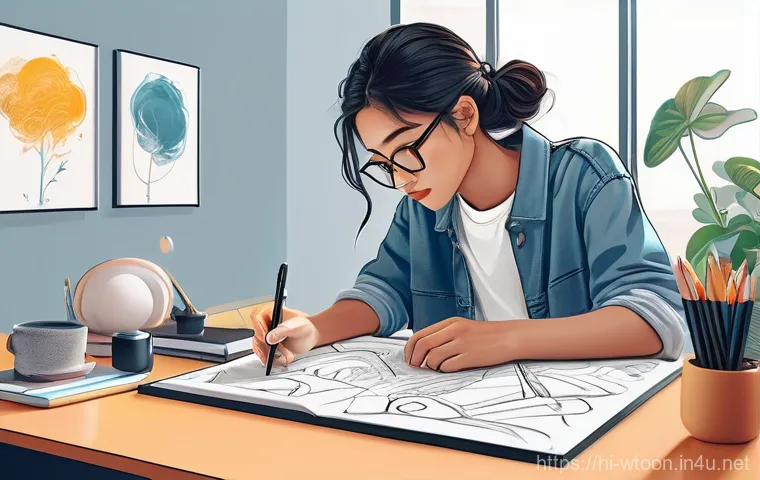 웹툰작가로서의 자립 생활 팁 - A dynamic, vibrant illustration of a young webtoon artist, gender-neutral, with a focused expression...