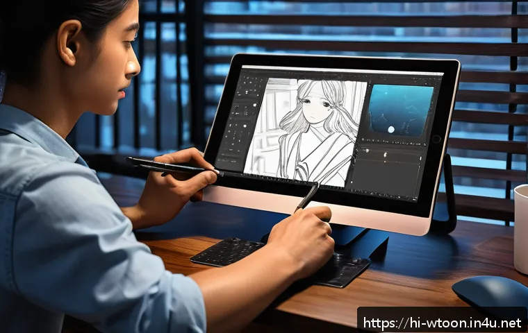 웹툰작가 실기 준비에 필요한 재료 - A professional digital artist workspace featuring a Wacom Intuos Pro drawing tablet with high pressu...
