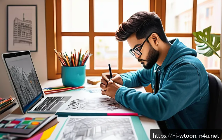 웹툰작가의 대표적인 도전과 극복 사례 - A skilled webtoon artist’s creative workspace featuring a vibrant digital drawing tablet displaying ...