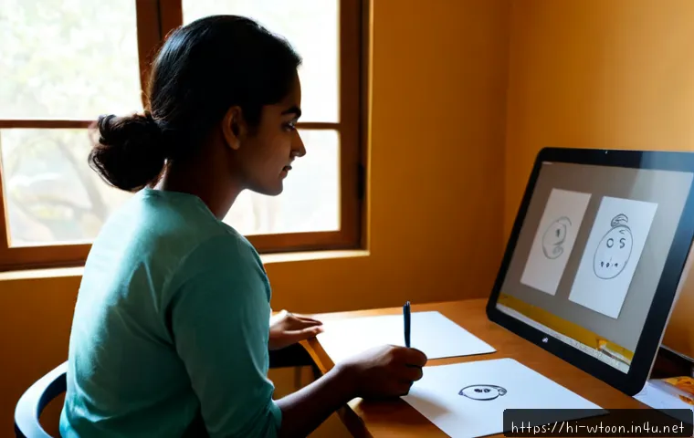 웹툰작가 창작 아이디어 발상법 - Photorealistic Indian webtoon artist brainstorming at a bright home studio desk, thoughtfully arrang...